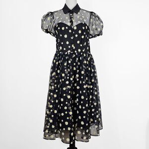 Unique Vintage Size 14 Black Tulle Daisy Print Retro Hollie Swing Dress